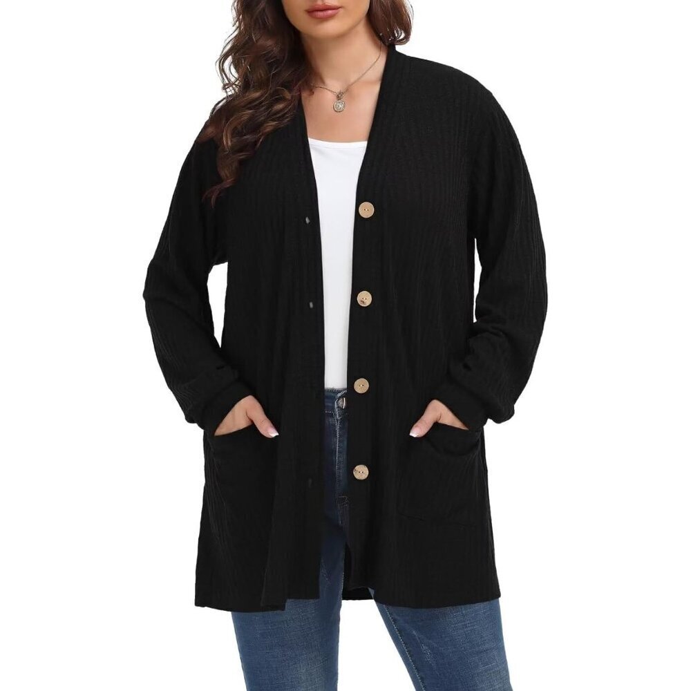 Plus Size Women's Cardigan Sweater Lightweight Open Front Long Sleeve Pockets